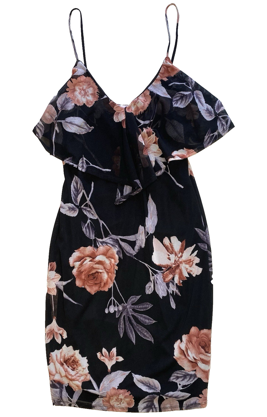 Agaci Dress Womens Medium NEW Black Floral Body Con Going Out Party Sexy Mini